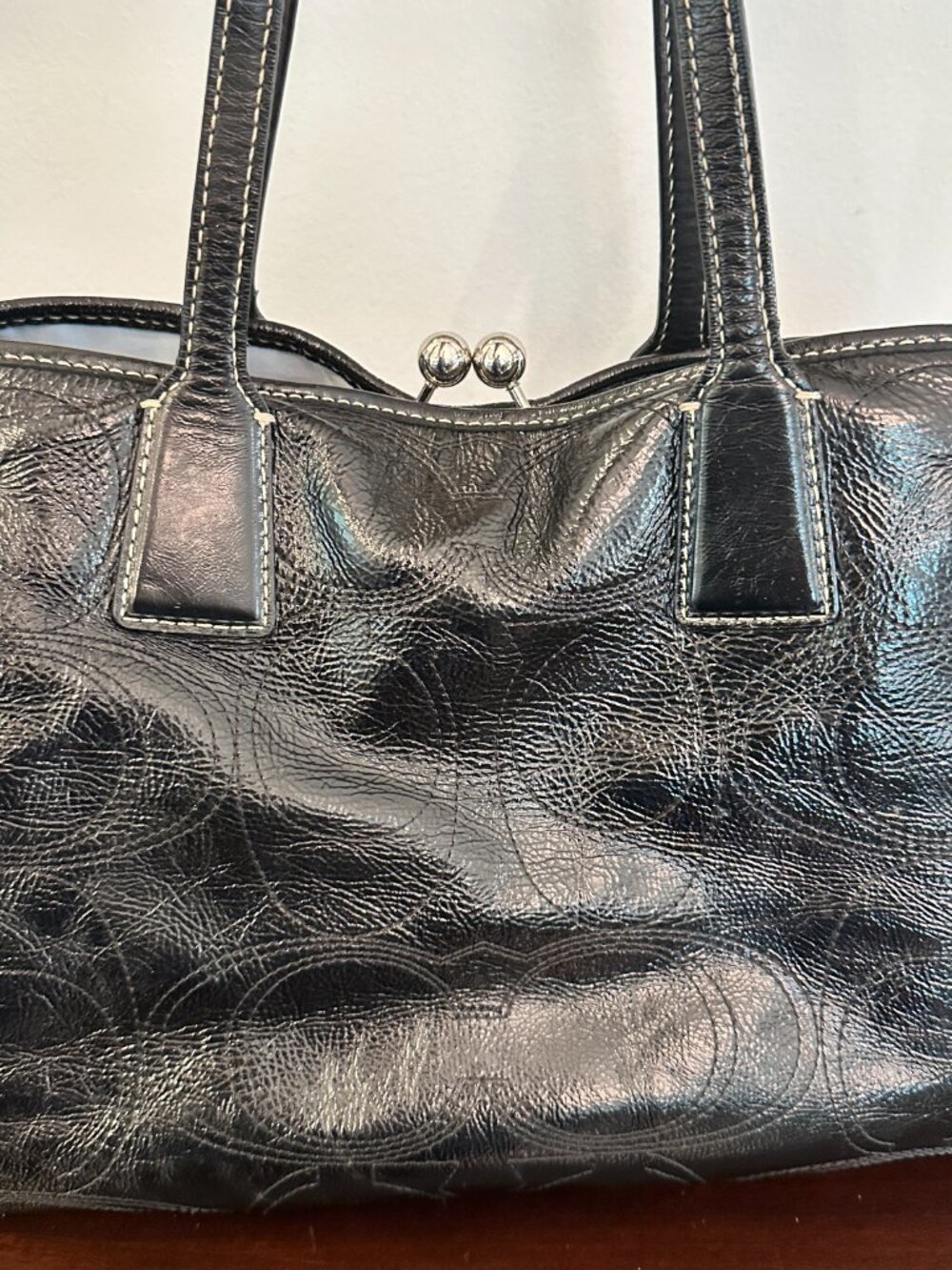 COACH Black Signature Patent Leather F15658 Stitch Carryall Handbag W/Kisslock - Picture 9 of 16